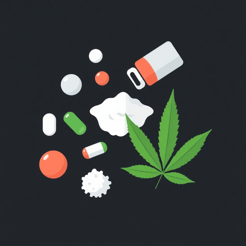 Icon representing various types of drugs, including pills, powder, and cannabis leaf, on a dark background