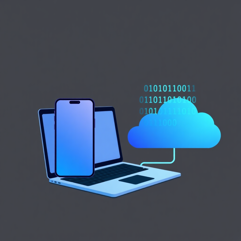 Icon of a laptop, smartphone, and cloud with binary code, representing digital goods and services