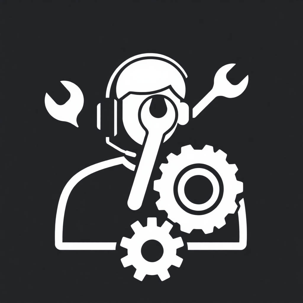 Icon of a person with a headset, a wrench, and a gear, representing services and custom work