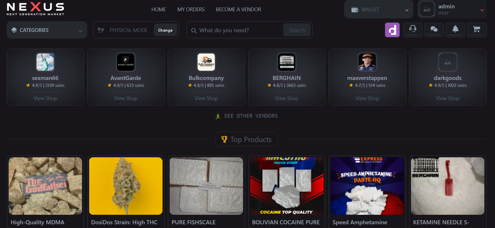 Screenshot of Nexus Market main marketplace interface with search bar, featured listings, and navigation menu