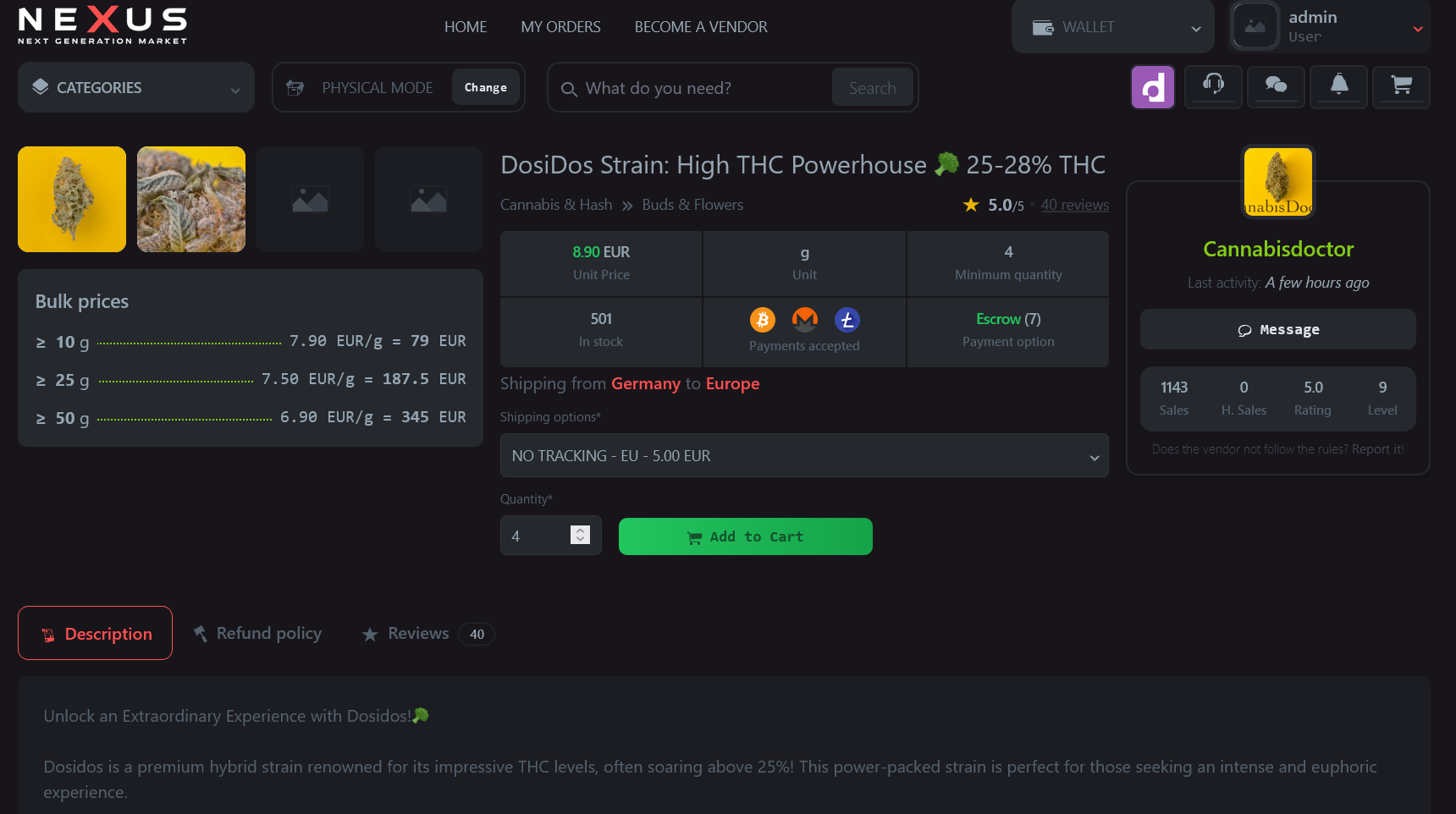 Screenshot of Nexus Market product listing page showing Monero price, vendor rating, and product details