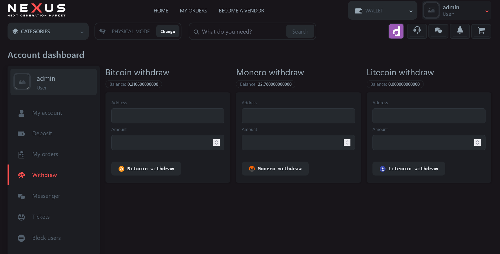 Screenshot of Nexus Market checkout process with Monero payment instructions and PGP message box